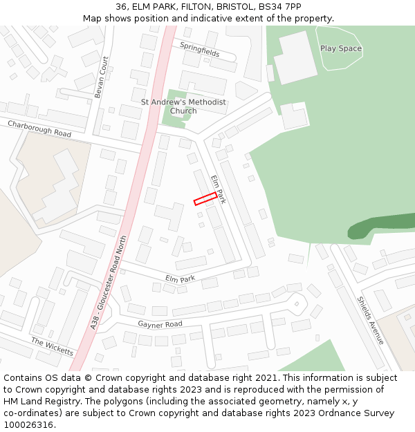 36, ELM PARK, FILTON, BRISTOL, BS34 7PP: Location map and indicative extent of plot