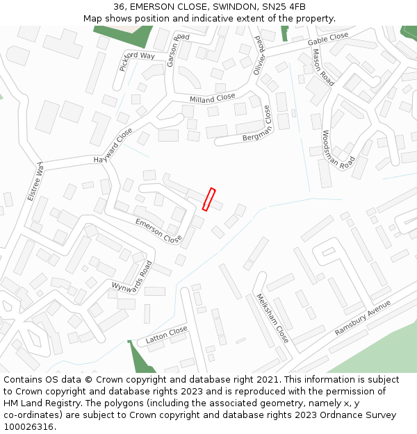 36, EMERSON CLOSE, SWINDON, SN25 4FB: Location map and indicative extent of plot
