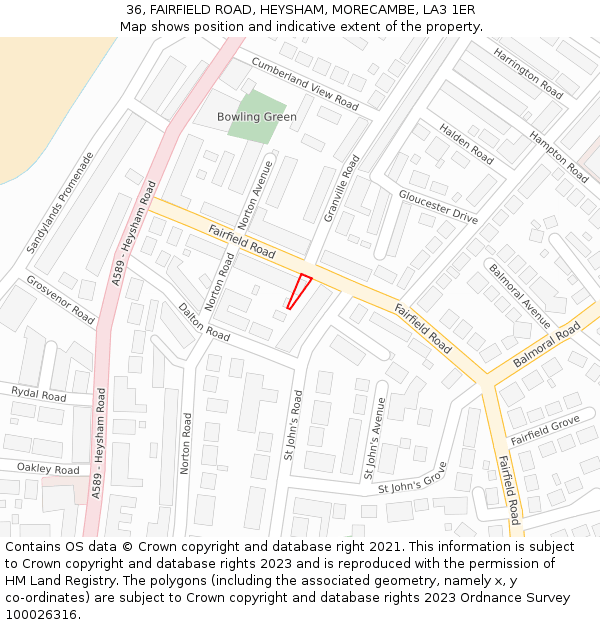 36, FAIRFIELD ROAD, HEYSHAM, MORECAMBE, LA3 1ER: Location map and indicative extent of plot