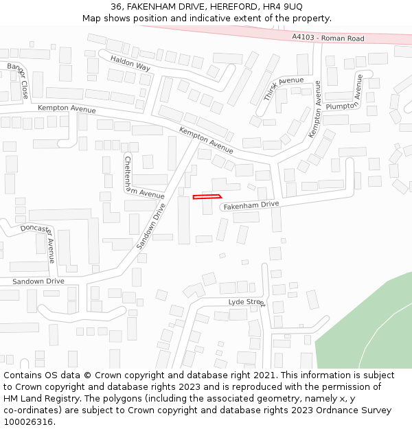 36, FAKENHAM DRIVE, HEREFORD, HR4 9UQ: Location map and indicative extent of plot