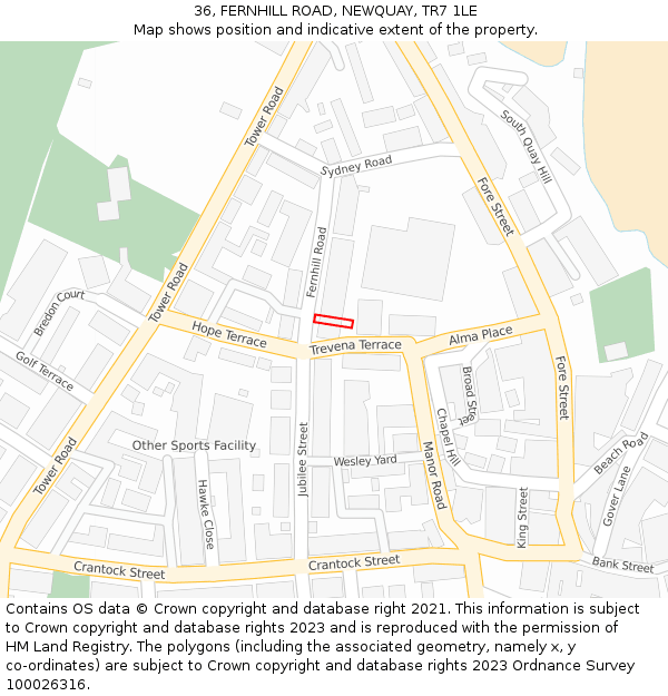 36, FERNHILL ROAD, NEWQUAY, TR7 1LE: Location map and indicative extent of plot