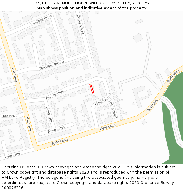 36, FIELD AVENUE, THORPE WILLOUGHBY, SELBY, YO8 9PS: Location map and indicative extent of plot