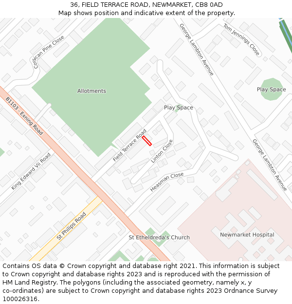 36, FIELD TERRACE ROAD, NEWMARKET, CB8 0AD: Location map and indicative extent of plot