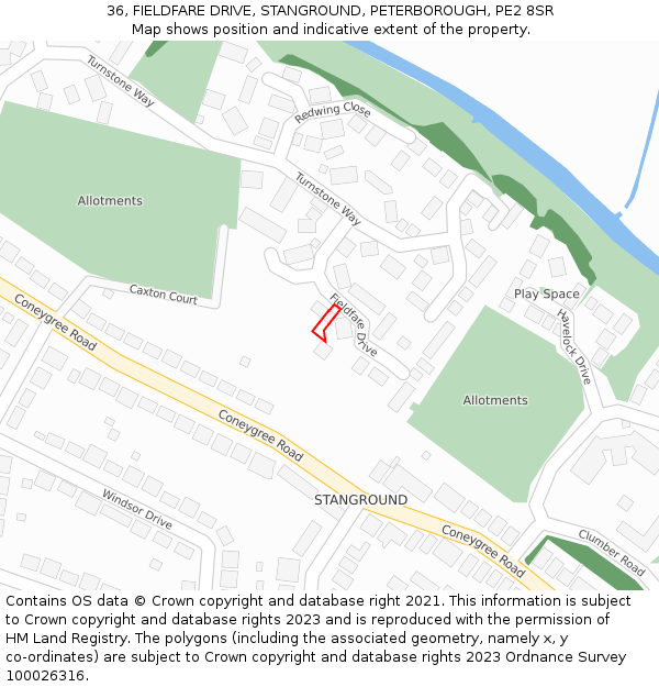 36, FIELDFARE DRIVE, STANGROUND, PETERBOROUGH, PE2 8SR: Location map and indicative extent of plot