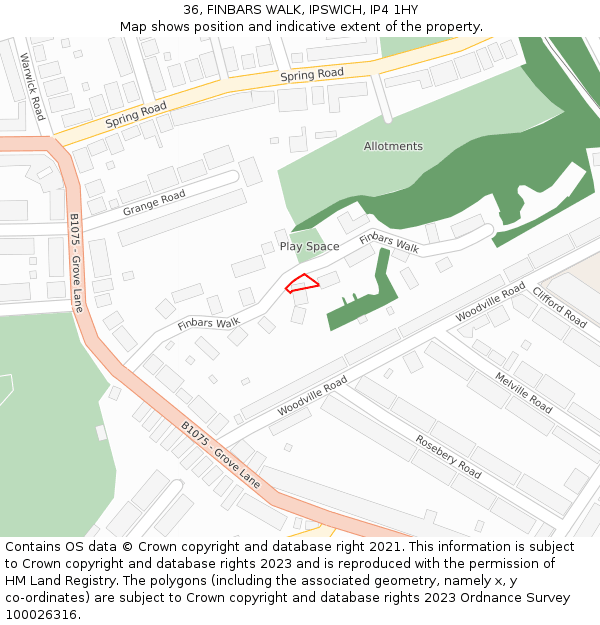 36, FINBARS WALK, IPSWICH, IP4 1HY: Location map and indicative extent of plot