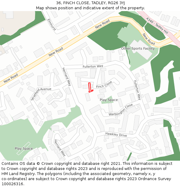 36, FINCH CLOSE, TADLEY, RG26 3YJ: Location map and indicative extent of plot