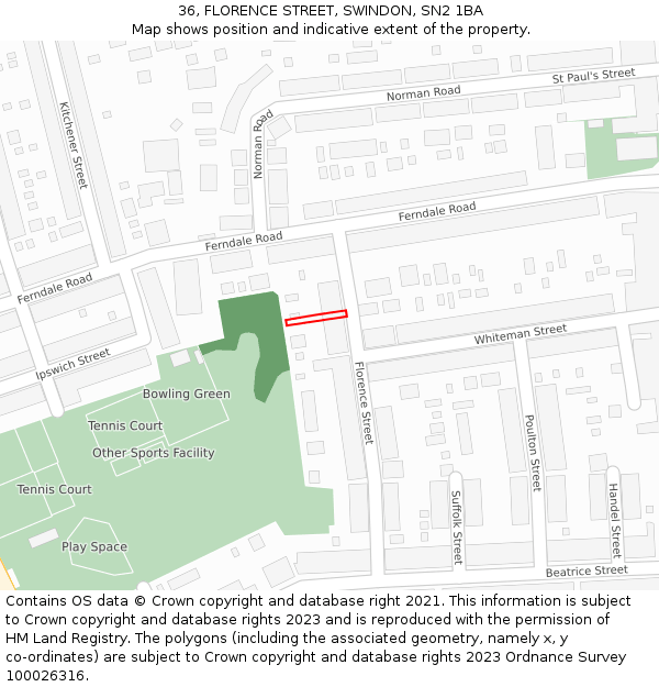 36, FLORENCE STREET, SWINDON, SN2 1BA: Location map and indicative extent of plot