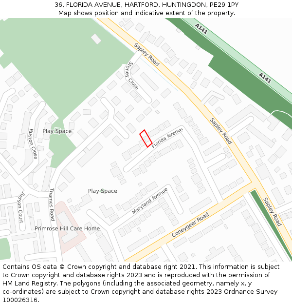 36, FLORIDA AVENUE, HARTFORD, HUNTINGDON, PE29 1PY: Location map and indicative extent of plot