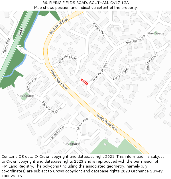 36, FLYING FIELDS ROAD, SOUTHAM, CV47 1GA: Location map and indicative extent of plot