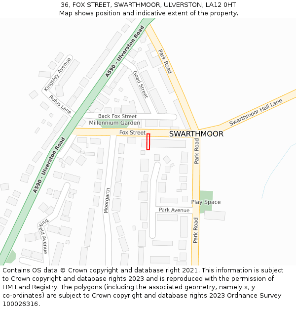 36, FOX STREET, SWARTHMOOR, ULVERSTON, LA12 0HT: Location map and indicative extent of plot