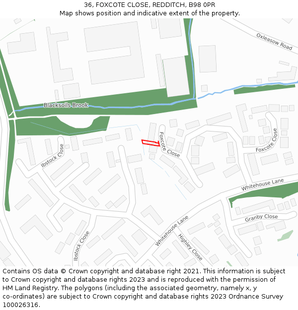 36, FOXCOTE CLOSE, REDDITCH, B98 0PR: Location map and indicative extent of plot