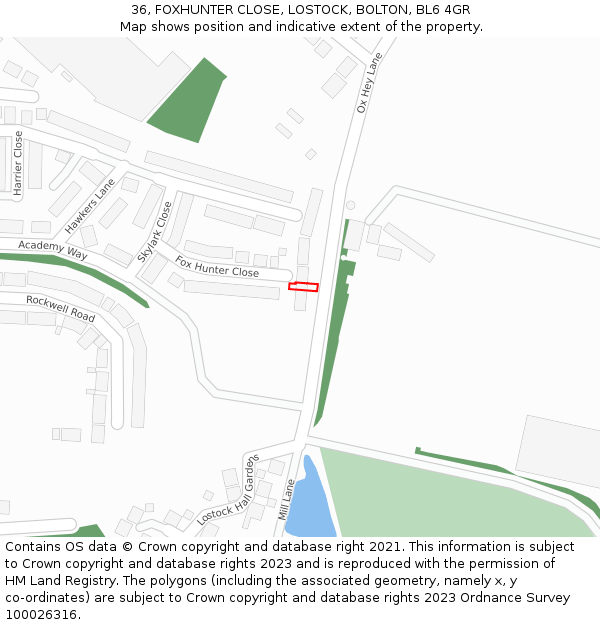36, FOXHUNTER CLOSE, LOSTOCK, BOLTON, BL6 4GR: Location map and indicative extent of plot