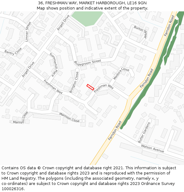 36, FRESHMAN WAY, MARKET HARBOROUGH, LE16 9GN: Location map and indicative extent of plot