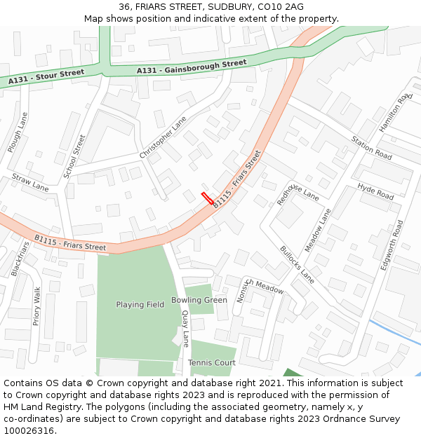 36, FRIARS STREET, SUDBURY, CO10 2AG: Location map and indicative extent of plot