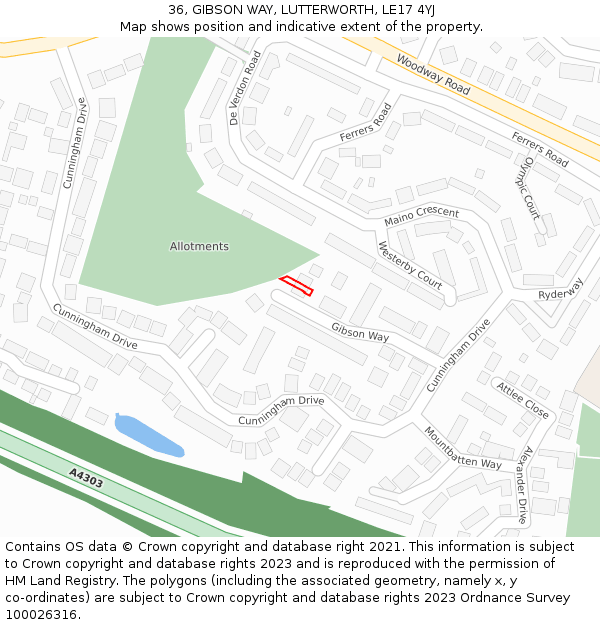 36, GIBSON WAY, LUTTERWORTH, LE17 4YJ: Location map and indicative extent of plot