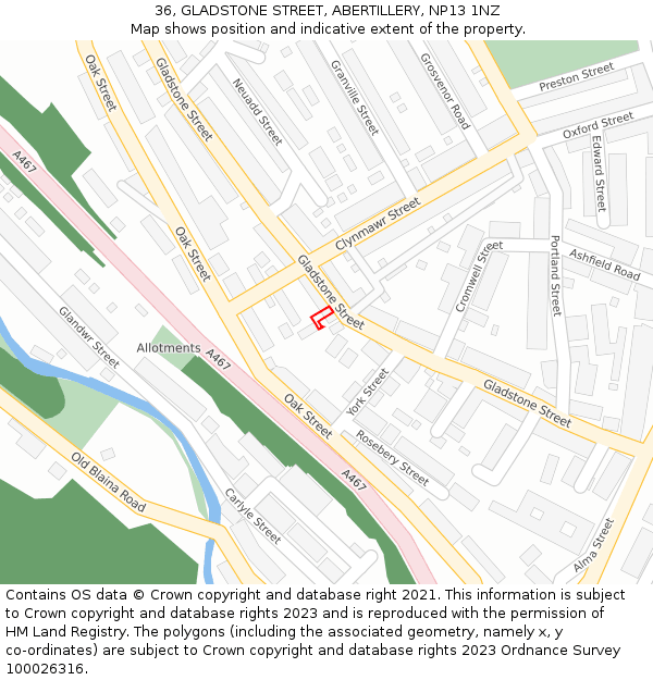 36, GLADSTONE STREET, ABERTILLERY, NP13 1NZ: Location map and indicative extent of plot