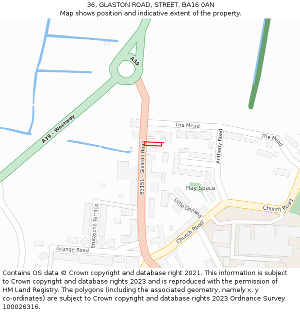 36, GLASTON ROAD, STREET, BA16 0AN: Location map and indicative extent of plot