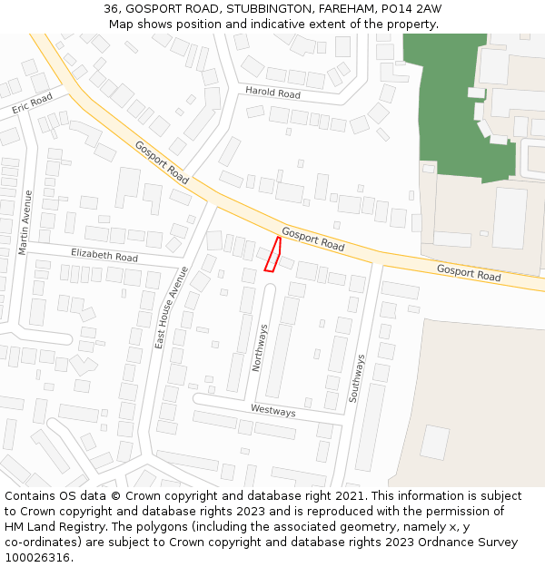 36, GOSPORT ROAD, STUBBINGTON, FAREHAM, PO14 2AW: Location map and indicative extent of plot