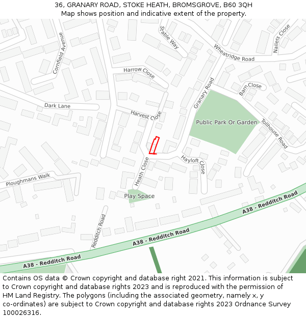 36, GRANARY ROAD, STOKE HEATH, BROMSGROVE, B60 3QH: Location map and indicative extent of plot