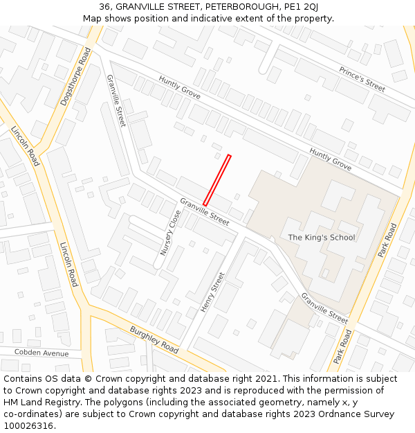 36, GRANVILLE STREET, PETERBOROUGH, PE1 2QJ: Location map and indicative extent of plot
