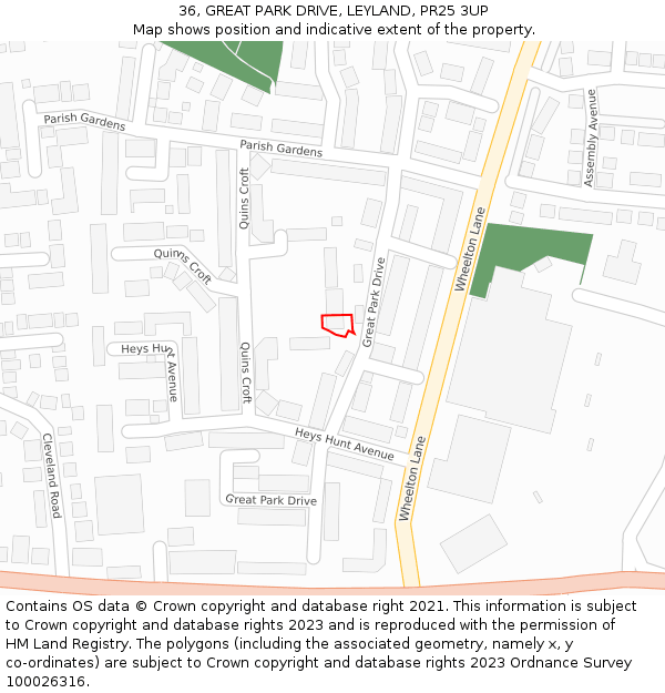 36, GREAT PARK DRIVE, LEYLAND, PR25 3UP: Location map and indicative extent of plot