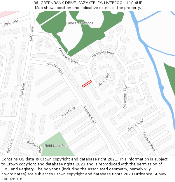 36, GREENBANK DRIVE, FAZAKERLEY, LIVERPOOL, L10 4UE: Location map and indicative extent of plot
