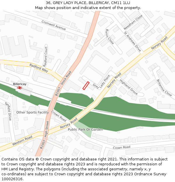 36, GREY LADY PLACE, BILLERICAY, CM11 1LU: Location map and indicative extent of plot