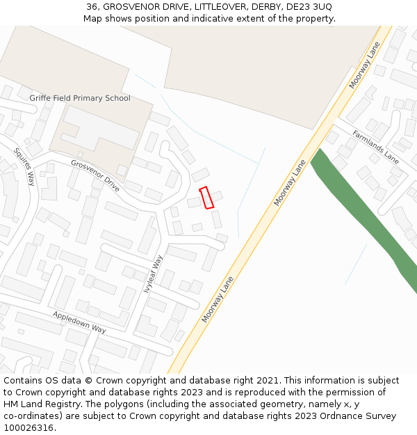 36, GROSVENOR DRIVE, LITTLEOVER, DERBY, DE23 3UQ: Location map and indicative extent of plot