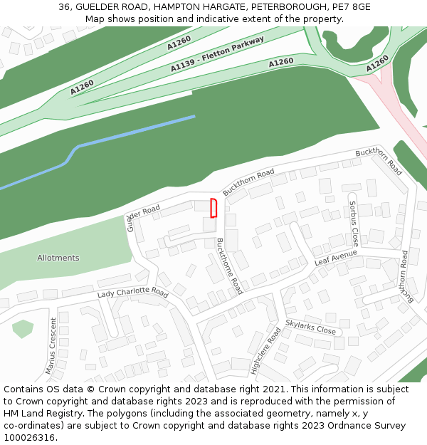 36, GUELDER ROAD, HAMPTON HARGATE, PETERBOROUGH, PE7 8GE: Location map and indicative extent of plot