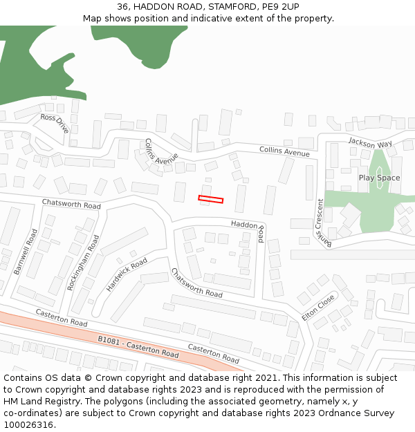 36, HADDON ROAD, STAMFORD, PE9 2UP: Location map and indicative extent of plot