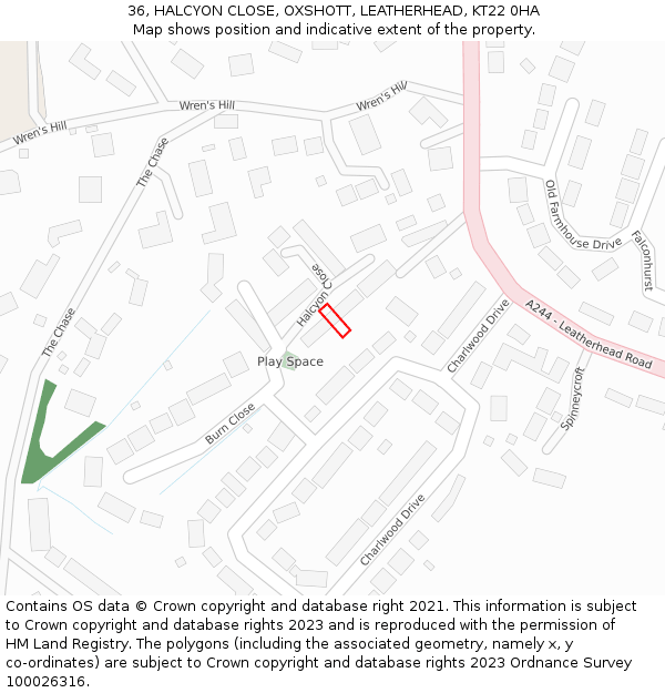 36, HALCYON CLOSE, OXSHOTT, LEATHERHEAD, KT22 0HA: Location map and indicative extent of plot