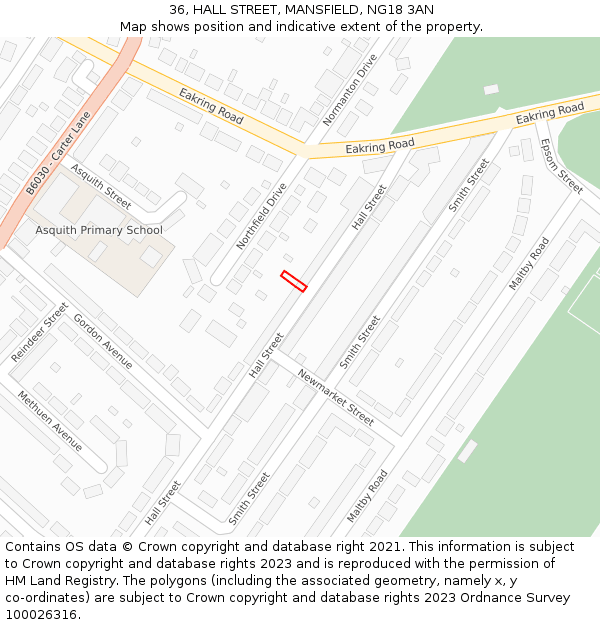 36, HALL STREET, MANSFIELD, NG18 3AN: Location map and indicative extent of plot