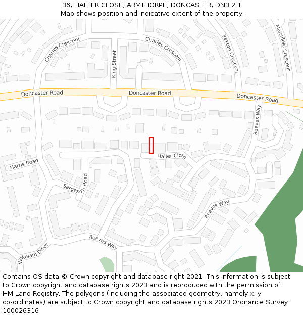 36, HALLER CLOSE, ARMTHORPE, DONCASTER, DN3 2FF: Location map and indicative extent of plot