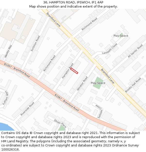 36, HAMPTON ROAD, IPSWICH, IP1 4AP: Location map and indicative extent of plot