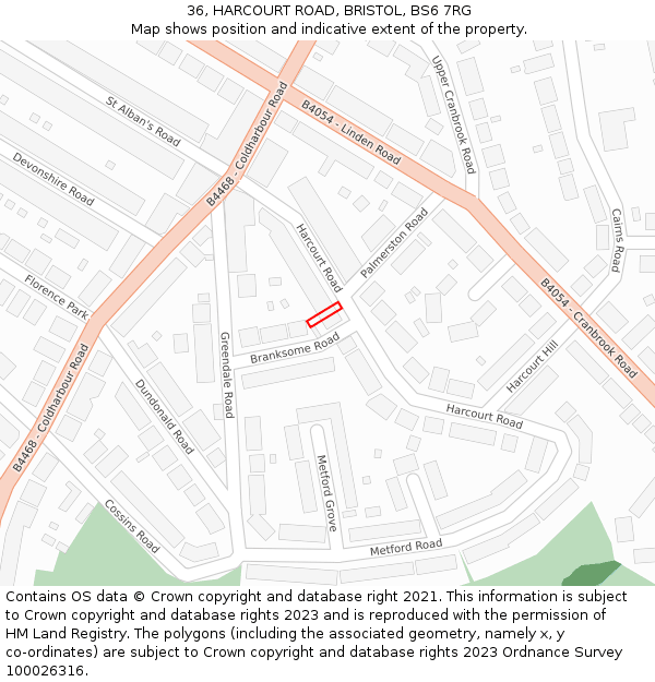 36, HARCOURT ROAD, BRISTOL, BS6 7RG: Location map and indicative extent of plot