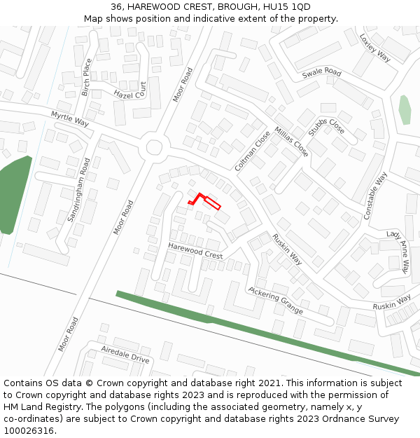 36, HAREWOOD CREST, BROUGH, HU15 1QD: Location map and indicative extent of plot