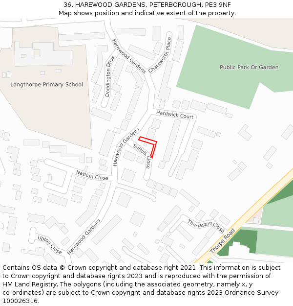 36, HAREWOOD GARDENS, PETERBOROUGH, PE3 9NF: Location map and indicative extent of plot