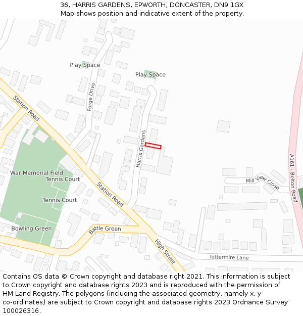 36, HARRIS GARDENS, EPWORTH, DONCASTER, DN9 1GX: Location map and indicative extent of plot