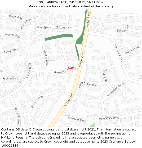 36, HARROW LANE, DAVENTRY, NN11 0GW: Location map and indicative extent of plot