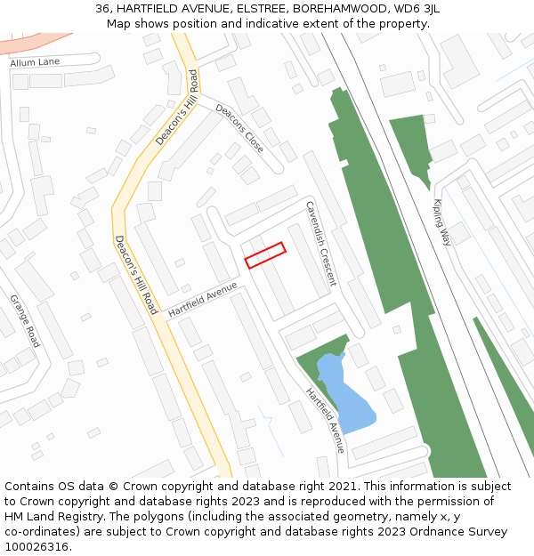 36, HARTFIELD AVENUE, ELSTREE, BOREHAMWOOD, WD6 3JL: Location map and indicative extent of plot