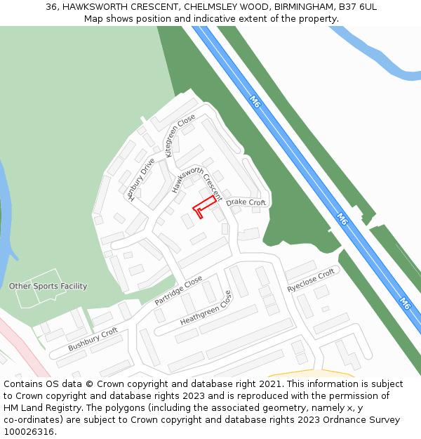 36, HAWKSWORTH CRESCENT, CHELMSLEY WOOD, BIRMINGHAM, B37 6UL: Location map and indicative extent of plot