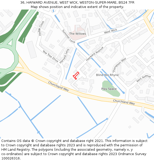 36, HAYWARD AVENUE, WEST WICK, WESTON-SUPER-MARE, BS24 7FR: Location map and indicative extent of plot