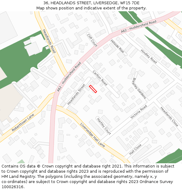 36, HEADLANDS STREET, LIVERSEDGE, WF15 7DE: Location map and indicative extent of plot