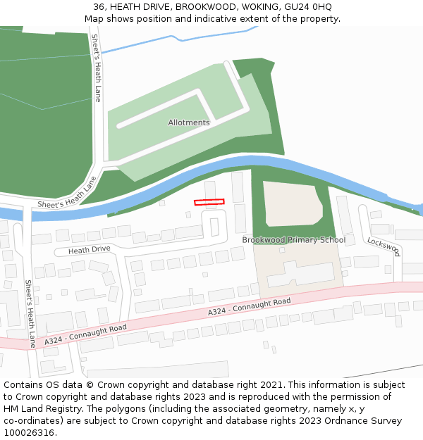 36, HEATH DRIVE, BROOKWOOD, WOKING, GU24 0HQ: Location map and indicative extent of plot