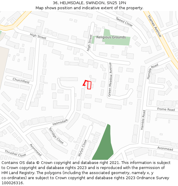 36, HELMSDALE, SWINDON, SN25 1PN: Location map and indicative extent of plot