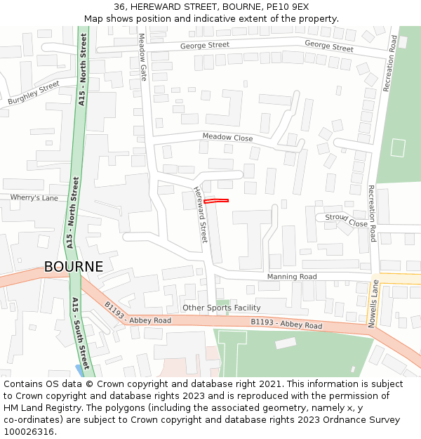 36, HEREWARD STREET, BOURNE, PE10 9EX: Location map and indicative extent of plot