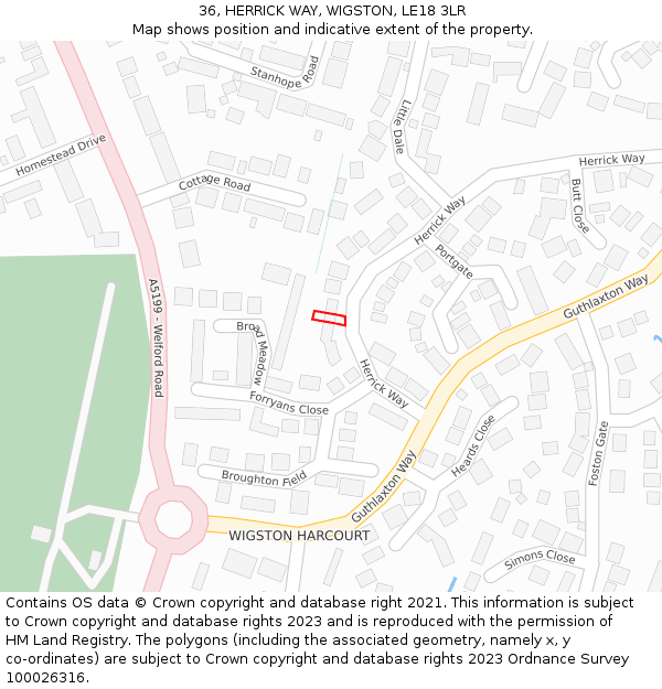 36, HERRICK WAY, WIGSTON, LE18 3LR: Location map and indicative extent of plot