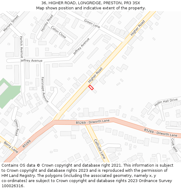 36, HIGHER ROAD, LONGRIDGE, PRESTON, PR3 3SX: Location map and indicative extent of plot
