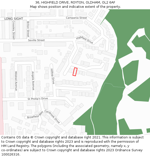 36, HIGHFIELD DRIVE, ROYTON, OLDHAM, OL2 6AF: Location map and indicative extent of plot