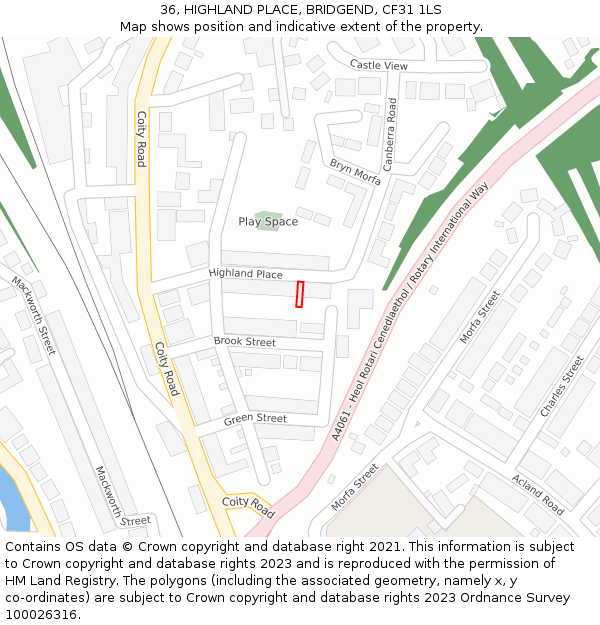 36, HIGHLAND PLACE, BRIDGEND, CF31 1LS: Location map and indicative extent of plot